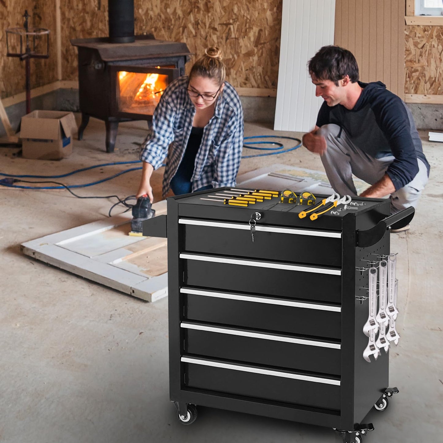 Barphygo Rolling Tool Chest 5-Drawers, Metal Tool Box with Wheels Garage Storage Cabinets with Lock Tools Drawer Organization Workbench Toolbox for Warehouse, Workshop & Repair Shop
