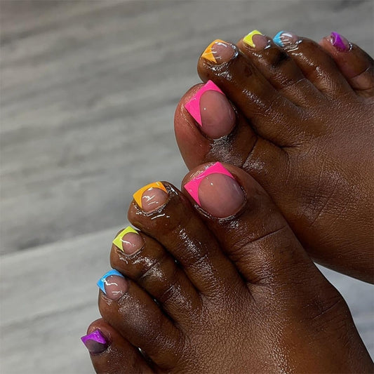 French Tip Press on Toenails Square Fake Toenails with Designs Colorful Glossy Glue on Toenails Full Cover Acrylic Stick on Nails for Women Girls Manicure 24Pcs