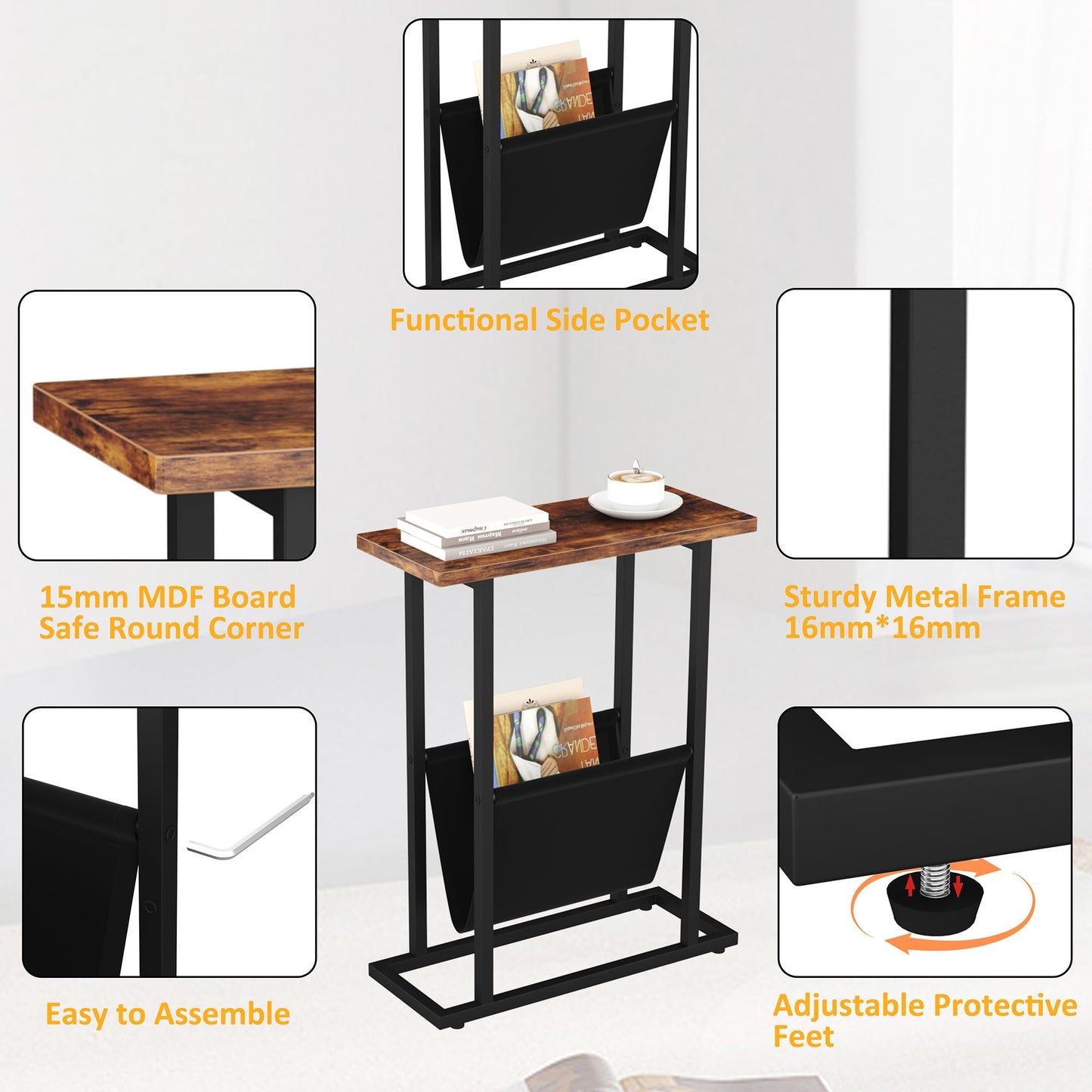 Yusong Narrow Side Table for Small Spaces, Small End Table with Magazine Holder, Skinny Slim Little Thin Table for Living Room, Bedroom, Sofa, Rustic Brown