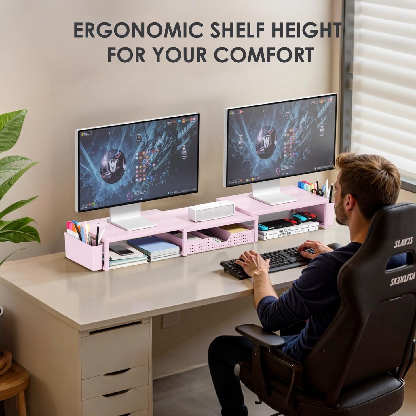 OPNICE Desk Organizers and Accessories, Dual Monitor Stand Riser with Drawer and 2 Pen Holders, Desk Shelf Metal Computer Racks for Office Workspace Organizers, Desktop Organization (Pink Metal)