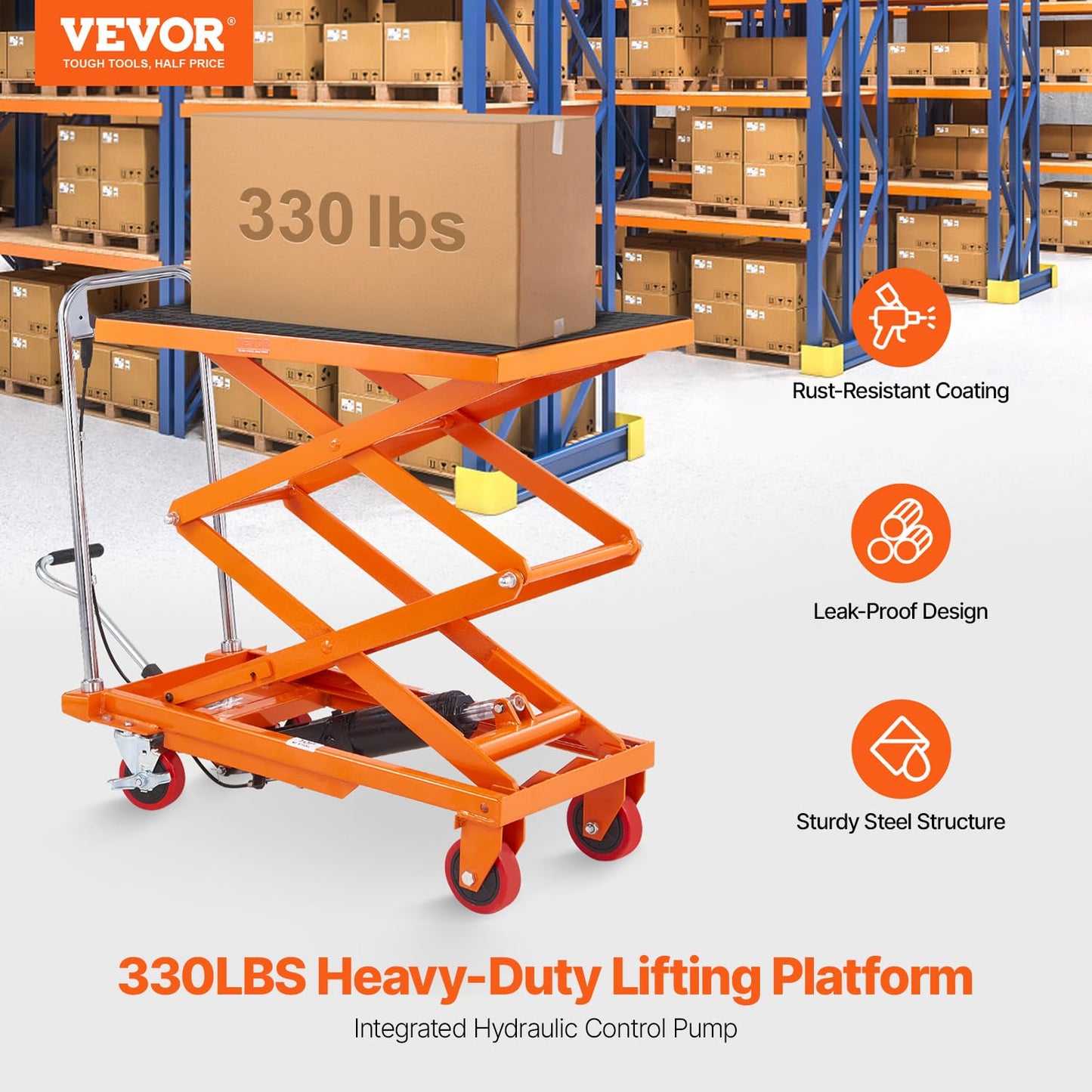 VEVOR Hydraulic Lift Table Cart, 330lbs Load Capacity 50 Inch Lifting Height, Manual Single Scissor Lift Table with Non-Slip Pad and 4 Wheels, Alloy Steel, Orange