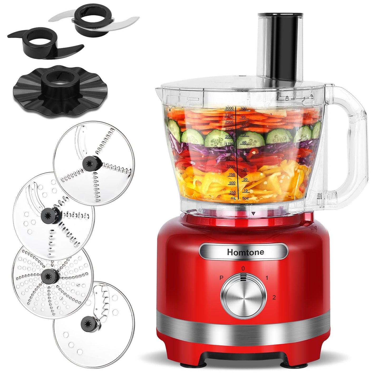 Homtone 16 Cup Food Processor Large, 9 Functions 7 Blades 3 Speeds for Shredding, Slicing, Making French Fries, Chopping Meat, Kneading Dough & Emulsifying, 600W, Red