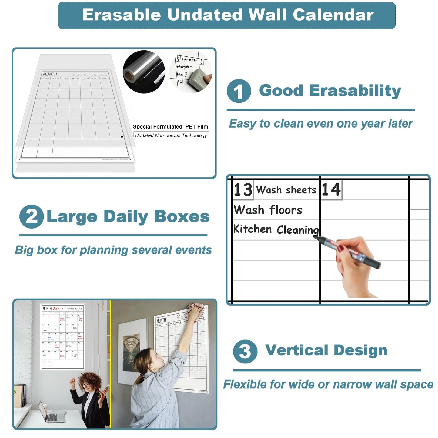 Large Dry Erase Calendar For Wall Monthly,24x36 Inch Big Vertical Blank White Board Calendar Fit to Narrow Wall,Giant Laminated Erasable 30 Day Schedule Planner Poster for Family,Office,Classroom