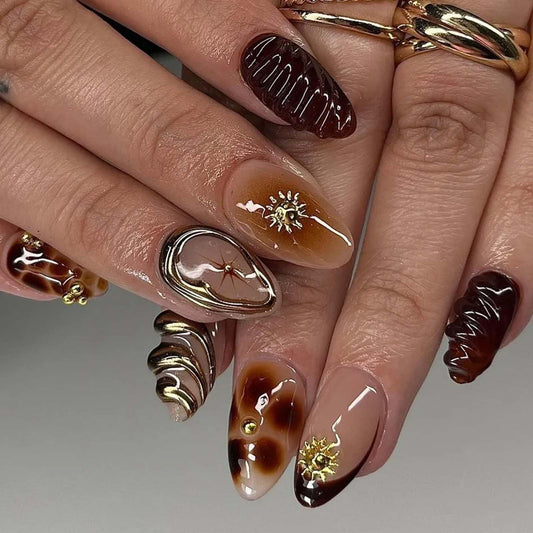 Press on Nails Medium Almond False Nails with 3D Water Ripples Stars Pearls Irregular Pattern Designs Dark Brown French Nails Press ons Glossy Glue on Nail Nude Fake Nails for Women Girls 24Pcs