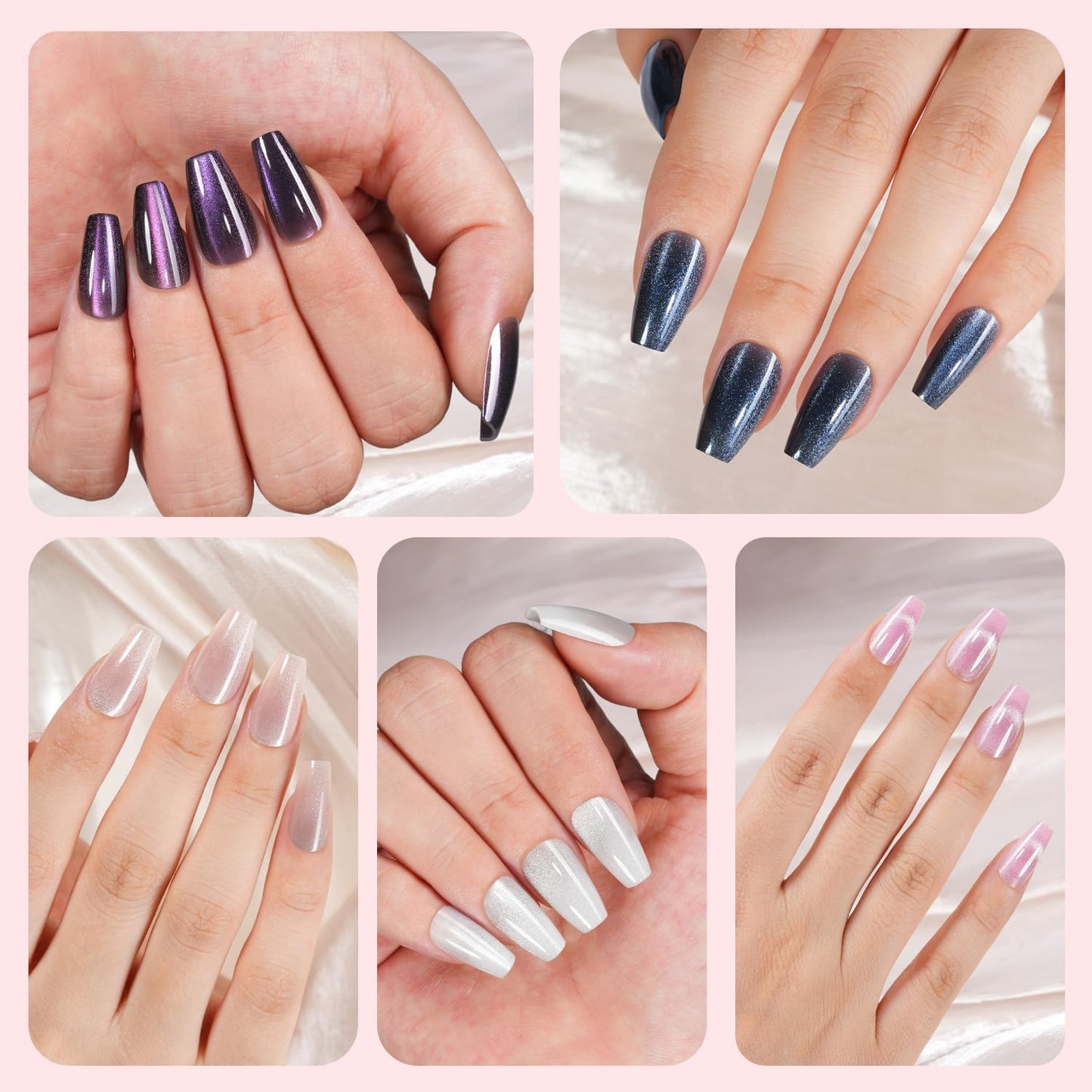 Plauva Cat Eye Press on Nails, 300Pcs Short Coffin Cat Eye Nail Tips, Glossy Glitter Soft Gel Fake Nails for Women and Girls Stick On Nails in 15 Sizes
