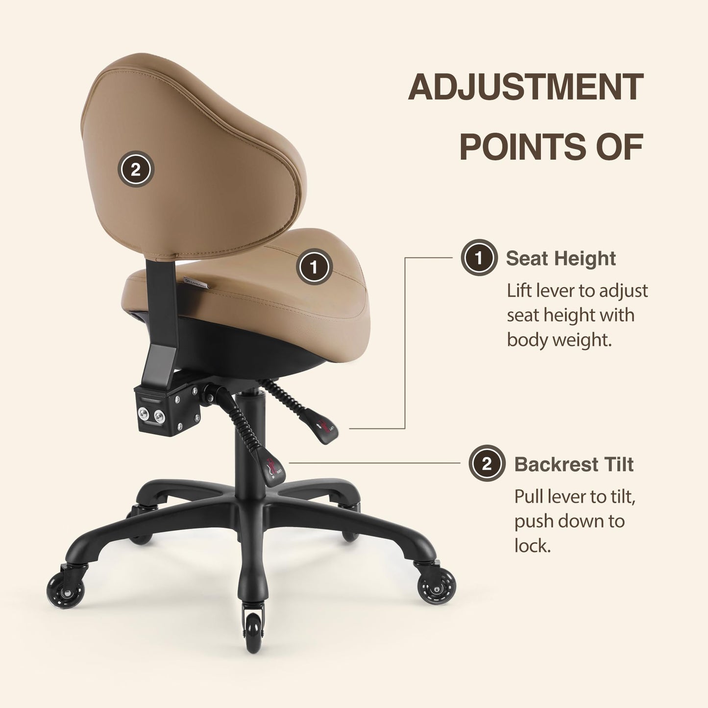 DR.LOMILOMI Pneumatic Swivel Rolling Saddle Chair with Wheels and Ergonomic Back Support for Hair Stylist, Dental Hygienist, Hygienic Clinic, Spa, Massage, Home, Office - 510 KOA (Tan, Standard)