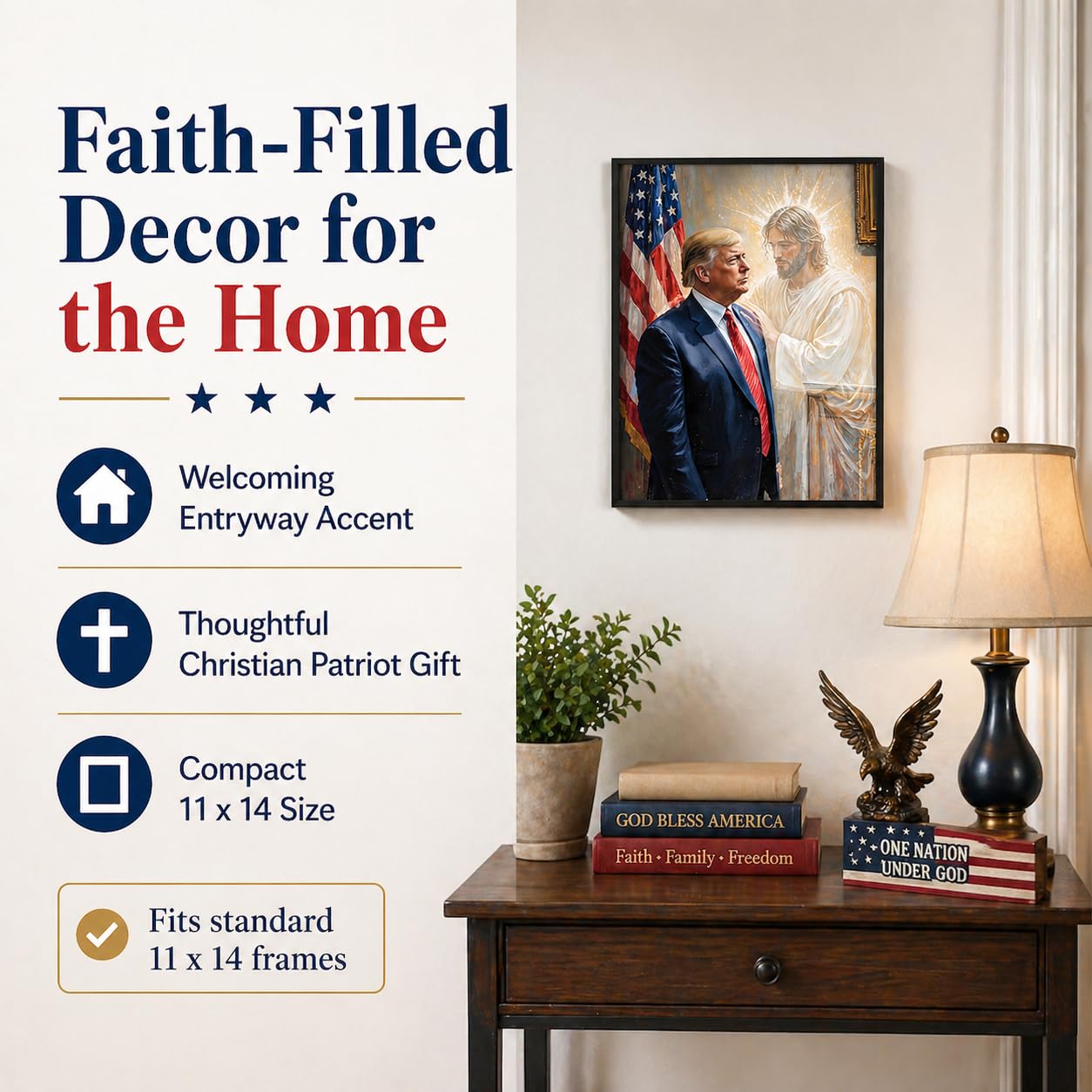 The Grace of God: Jesus & Trump Inspirational Painting 11x14 Unframed Poster - Religious Art Faith Leadership MAGA American Flag Patriotic Artwork for Home Office, Living Room, Conservative Christians