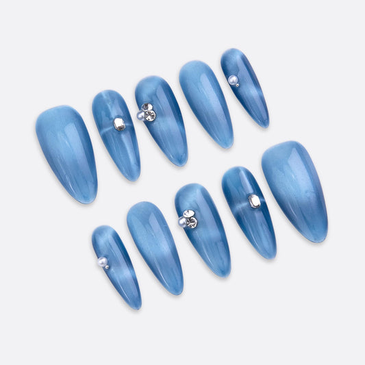 SIYOU Beauty | Pearl Of The Sea | Light Blue Pearl Long Almond Press On Nails for Women (Large) - Reusable, Salon-Quality Fake Nails (10pc)