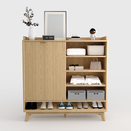 IDEALHOUSE Fluted Shoe Cabinet Storage with 2 Flip Drawers & Sliding Door & Adjustable Shelf Rack，Freestanding Wood Narrow Hidden Shoe Organizer for Entryway, Hallway, Living Room