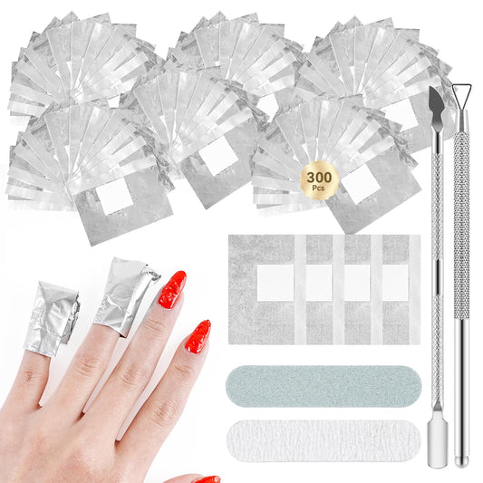 JODSONE Nail Gel Remover Foil Wraps Kit 300PCS, Soak Off Gel Polish Remover Foils with Built-in Cotton Pads, Includes 2 Nail Pushers & 2 Nail Strips for Salon or Home Use