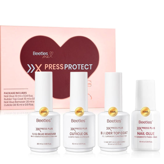 Beetles 4Pcs Press-On Nail Essential Kit, Fast Dry Nail Glue, Builder Top Coat, Nail Remover & Cuticle Oil Set, Complete System for Secure Wear, Easy Removal & Natural Nail Care