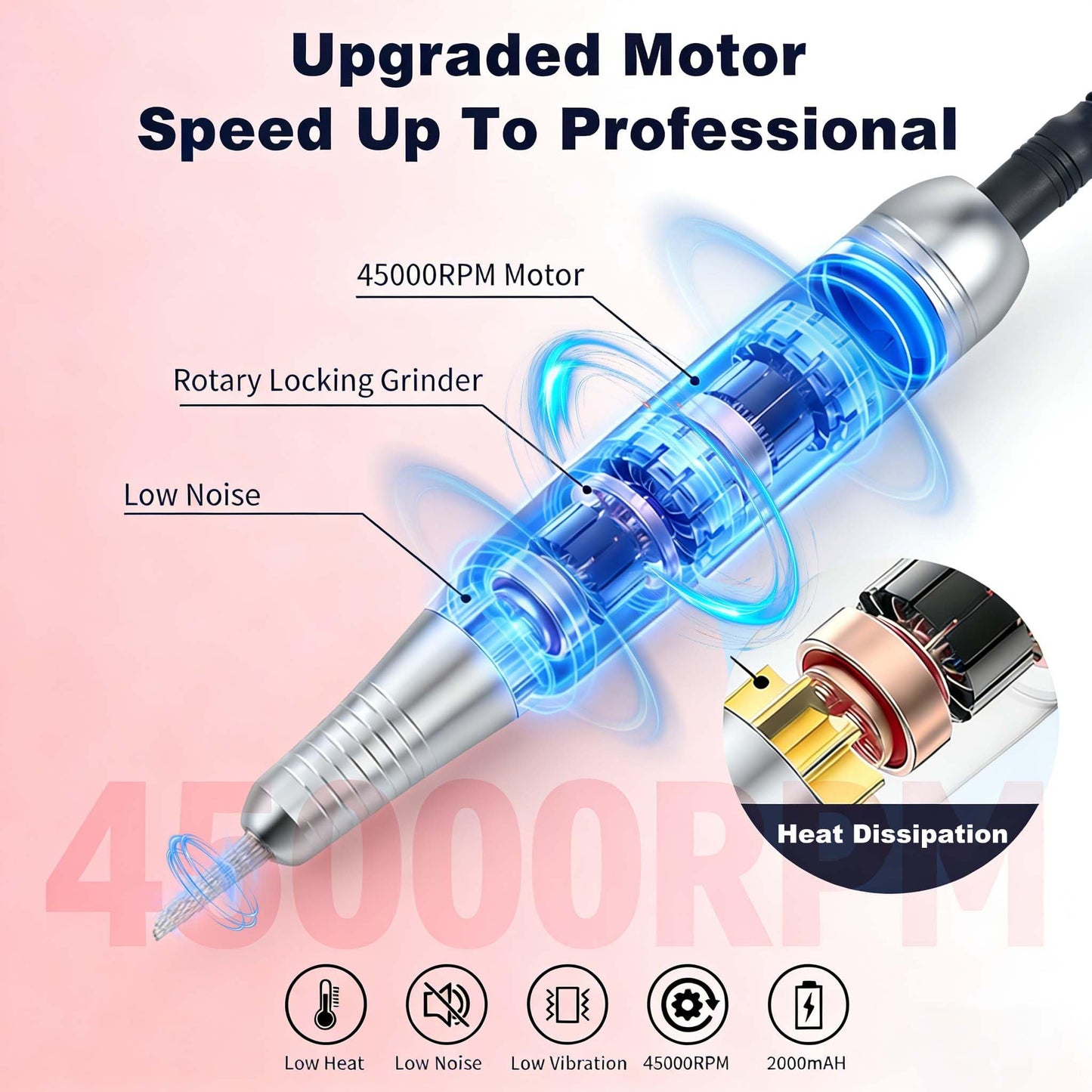 Electric Nail Drill Professional: 45000RPM Rechargeable Nail File with Bits for Acrylic Gel Nails, Professional Nail Drill Machine for Manicure & Pedicure Polishing Shape Tools for Home Salon