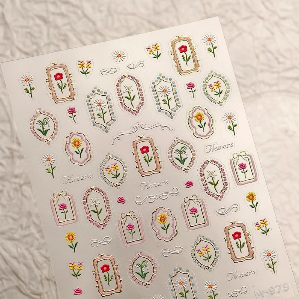 5D Embossed Flower Nail Stickers Irregular Geometric Frames Nail Designs Gold Hollow Designs Nail Decals Dasiy Rose 3D Self-Adhesive Summer Nails Art Decoration for Women DIY 1 Sheet