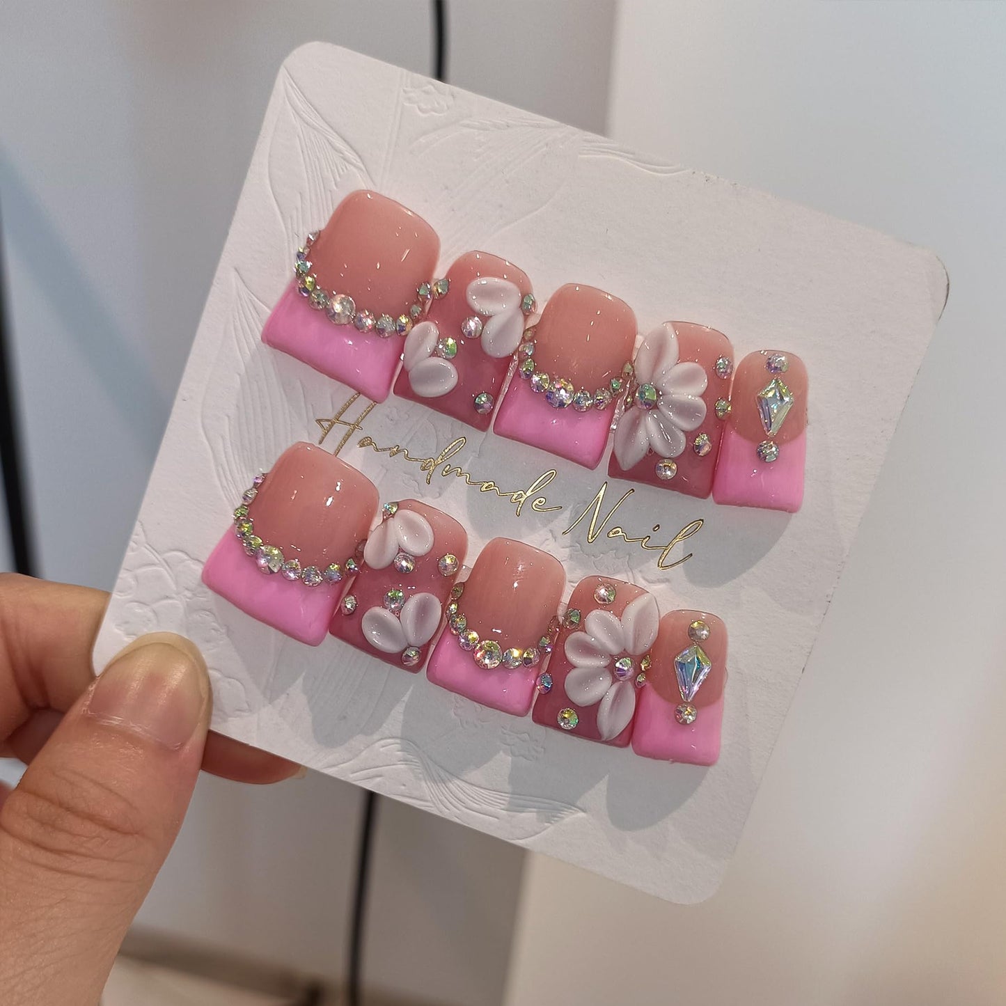 TENPAL Duckbill Shape Handmade Press On Nails Kit,Pink French Floral Nails with 3D Flowers Diamond Designs,Glazed Donut Nude Pink Fake Nails with Tools,Elegant French Tip Duckbill Nails with Gems(S)