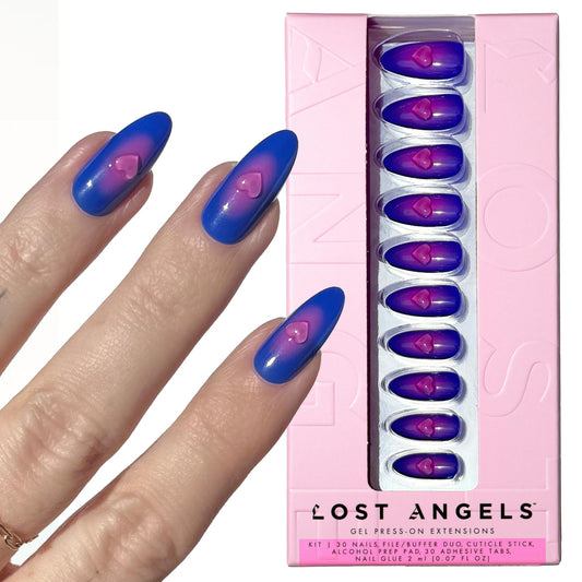 Lost Angels 3D Press On Nails - Heart Charm Blue & Pink 3D Gel Art - Thank You, Next - Cute Press On Nails Almond Medium Length - Easy Kit with Glue & Adhesive Tab - 30 Count, 15 Sizes