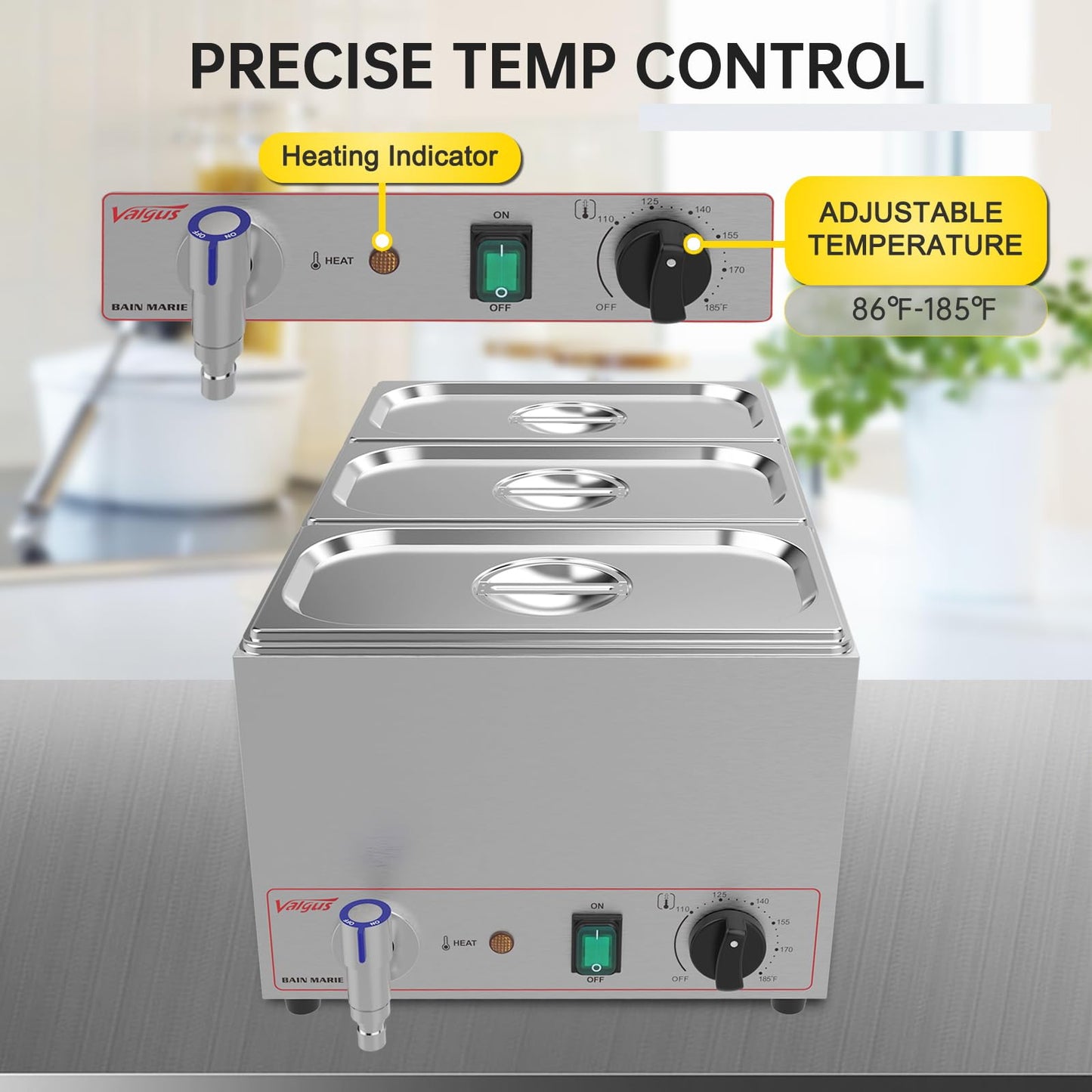 Valgus Commercial Grade Stainless Steel 3 Sections 17 Qt Bain Marie Food Warmers Electric Countertop Steamer with Lid and Tap for Parties, Banquet and Catering Events