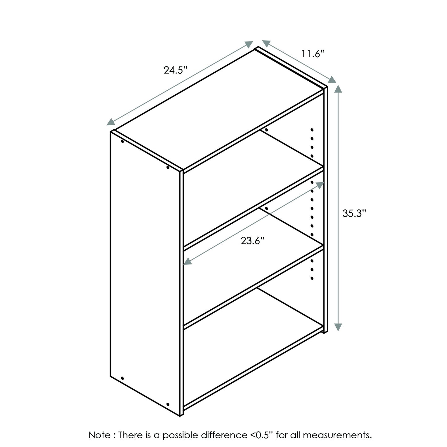 Furinno WRIGHT Book Shelf, 3-Tier Modern Bookshelf, Bookcase with Closed Back, 11.6" x 24.5" x 35.3", for Living Room, Bedroom, Home Office, Soft White
