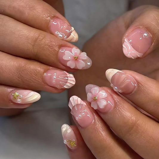 24Pcs Summer Beach Press on Nails Short Almond False Nails 3D Ocean Seashell Starfish Rhinestones Pearl Design Cute Flower Fake Nails Tropical Vacations Glue on Nail for Women Acrylic Manicure Salon