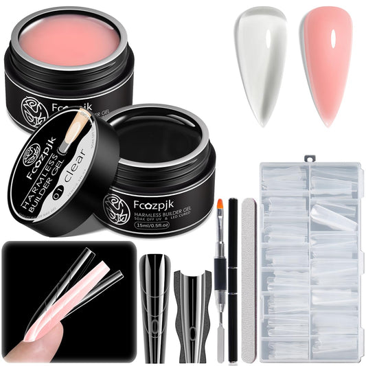 Fcozpjk Builder Gel Nail Kit, 2PCS 15ML Clear Nude Pink Hard Gels with 180PCS Coffin Sandwich Dual Nail Forms Brush Pen Files Nails Extension Tool Set Construction Strengthener Manicure Supplies