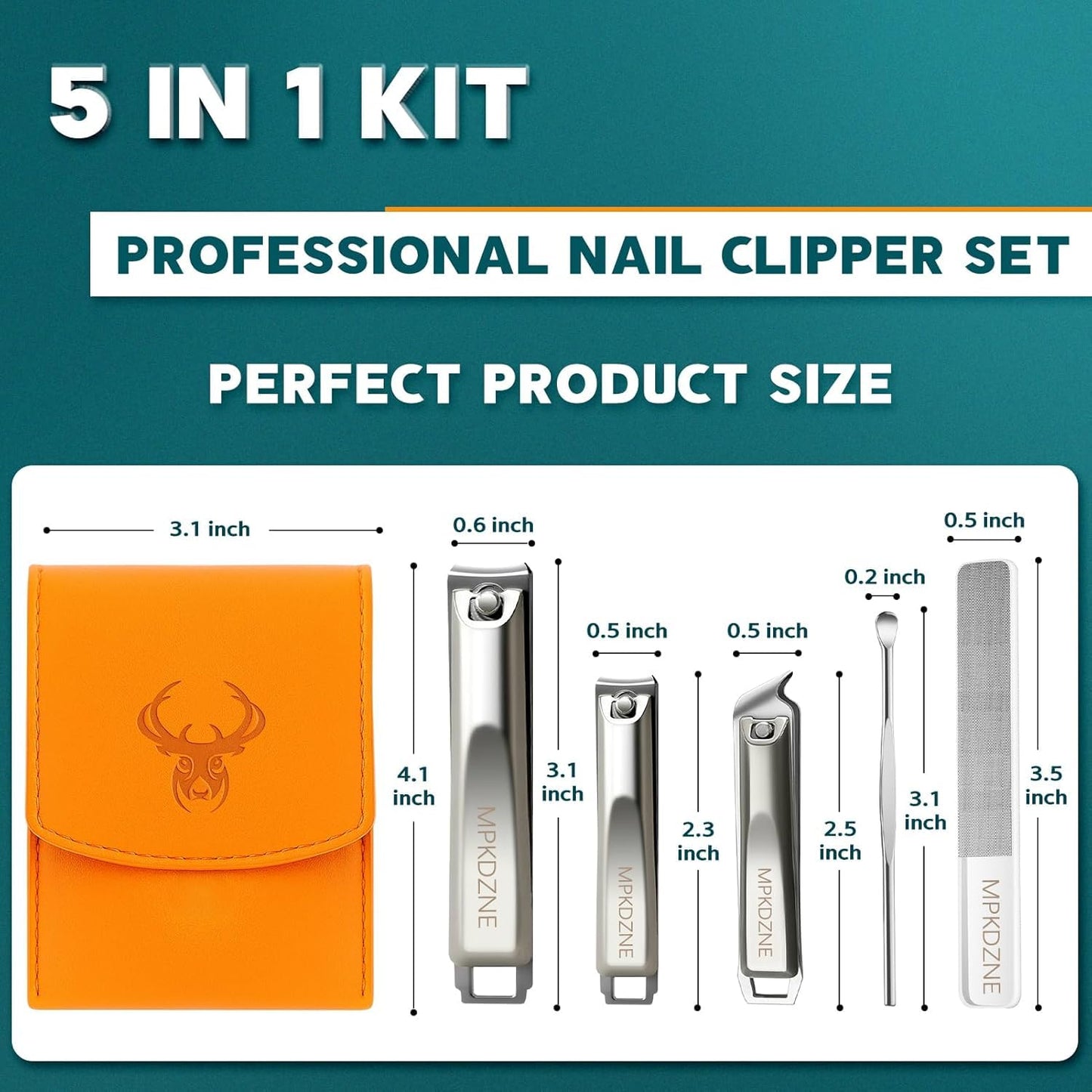 Nail Clipper Set, 5pc Manicure Kit - Stainless Steel Toenail Clippers, Home & Family Travel Essentials, Precision Grooming Set with Portable Case - Brushed Silver