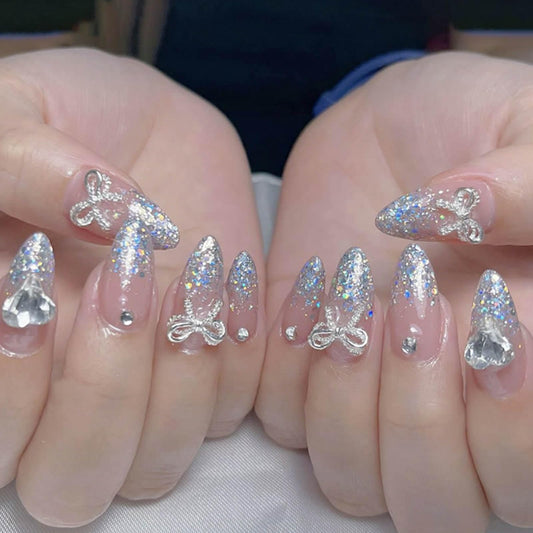 Kamize Gradient Fake Nails Nude Medium Press on Nails Full Cover Acrylic Sequins Almond Fake Nails for Women and Girls 24PCS