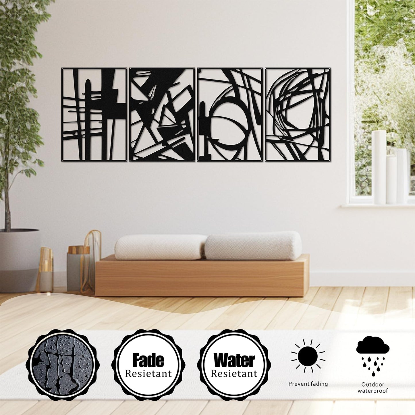 Quanqiuyi 4 Pack Black Abstract Metal Wall Art, 16'' x 11'' Minimalist Single Line Art, 3D Textured Wall Sculptures for Living Room, Bedroom, Bathroom, Study Room Decor