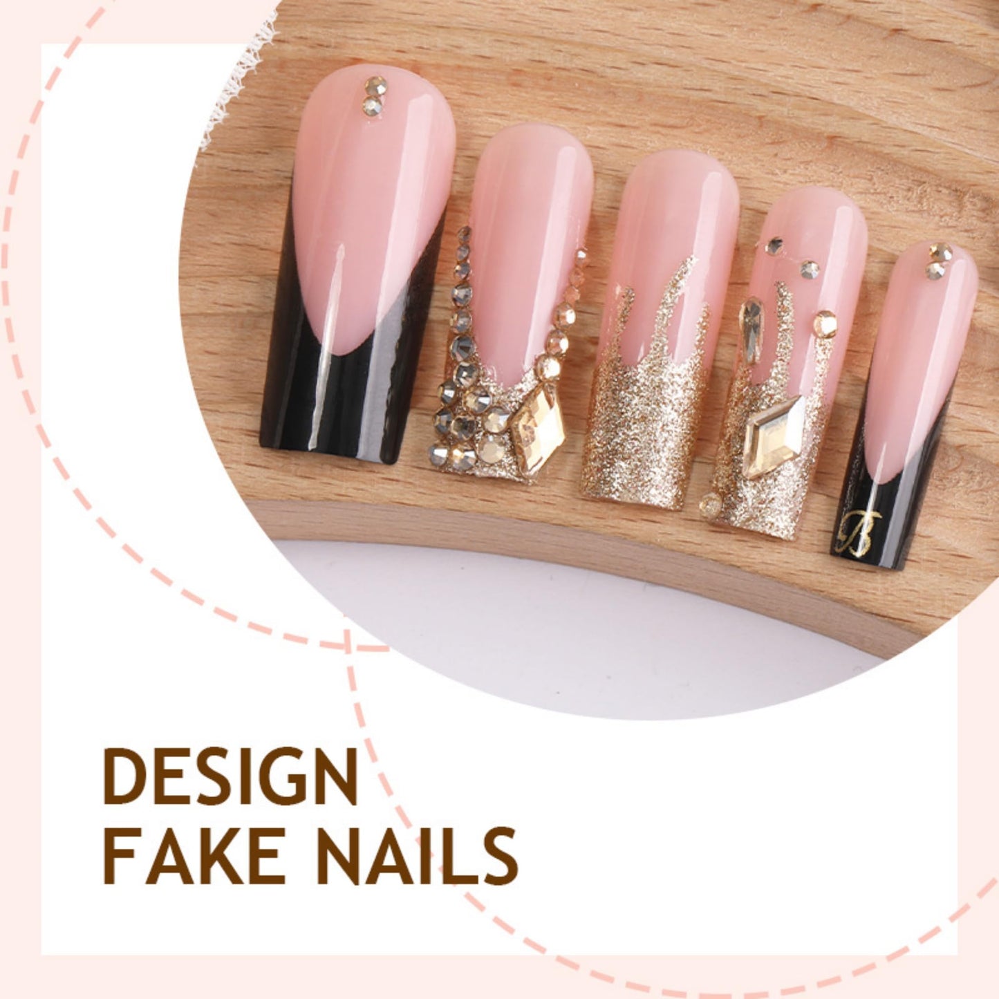 Long Press on Nails Square Fake Nails Black Artificial Nail Gold Glitter Rhinestone French Tip Luxury Charm Glossy Stick on Nail Glam Party Look for Women 24pcs