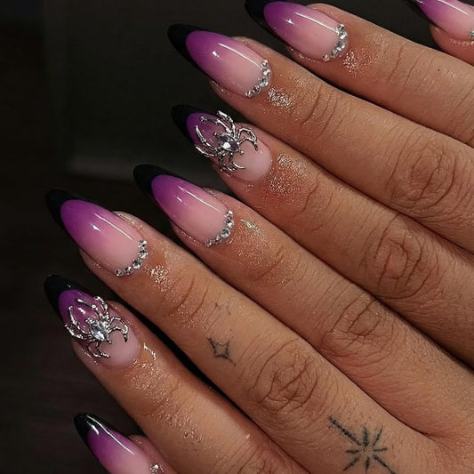 BABALAL Medium Almond Press on Nails, Black Gothic French Tip Acrylic Nails with Spider Charm and Purple Ombre Design, 24Pcs Halloween Full Cover Glue on Nails for Women and Girls