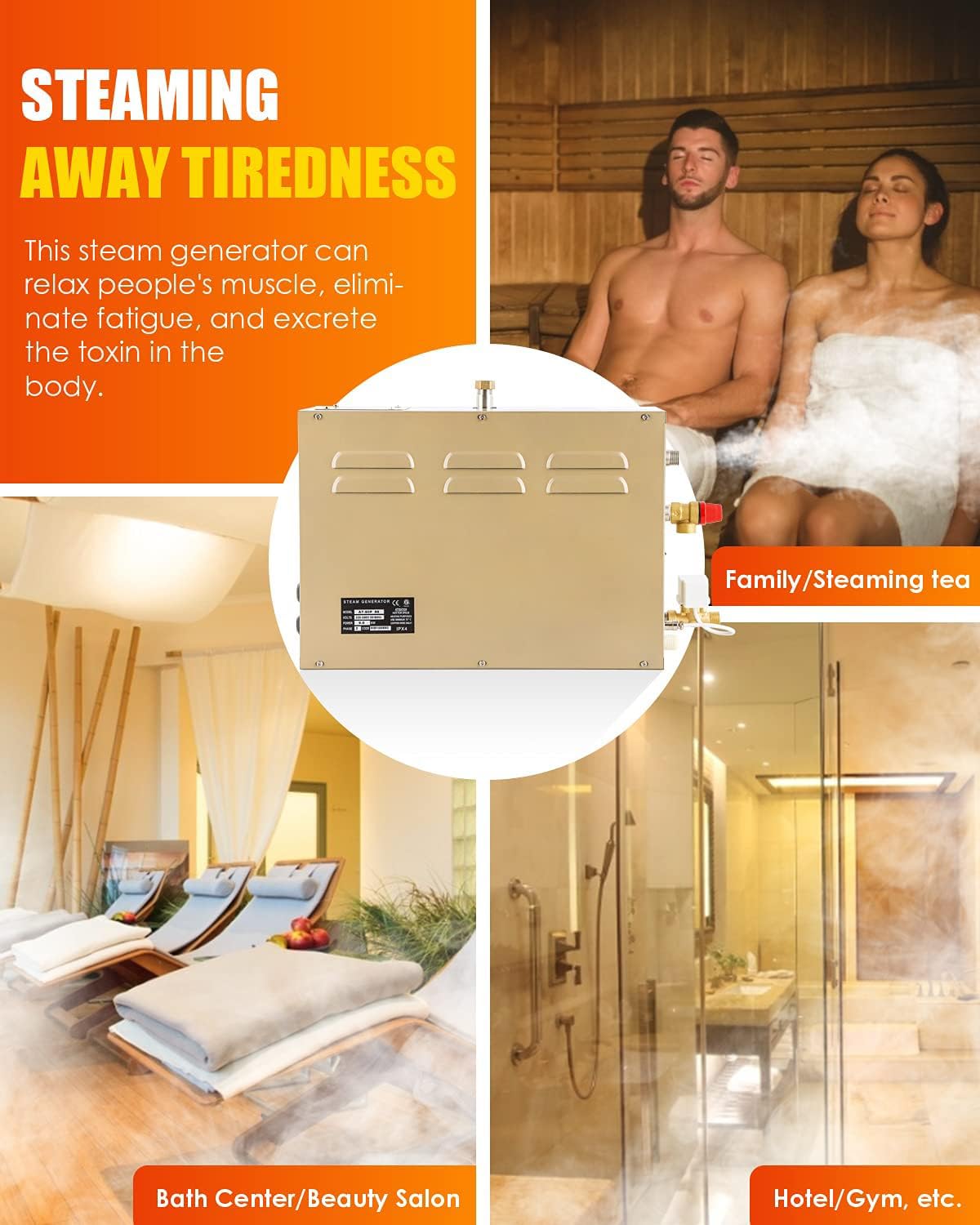 CGOLDENWALL 5KW Commercial Self-Draining Steam Generator Shower System Home Steam Bath Spa Generator 30 min to 12 Hours with Auto Drain 95-131℉ for Suitable Space Heating 5 m³/176 Cubic feet (5KW)