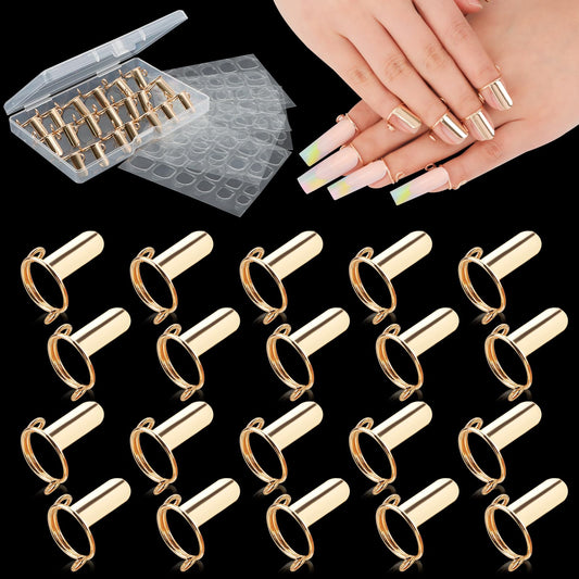EBANKU 20PCS Wudu Nail Rings, Updated Adjustable Nail Rings Detachable Reusable Women Gift Ring Set with 120PCS Adhesive Nail Tabs for Acrylic Nail Art Decoration Gold