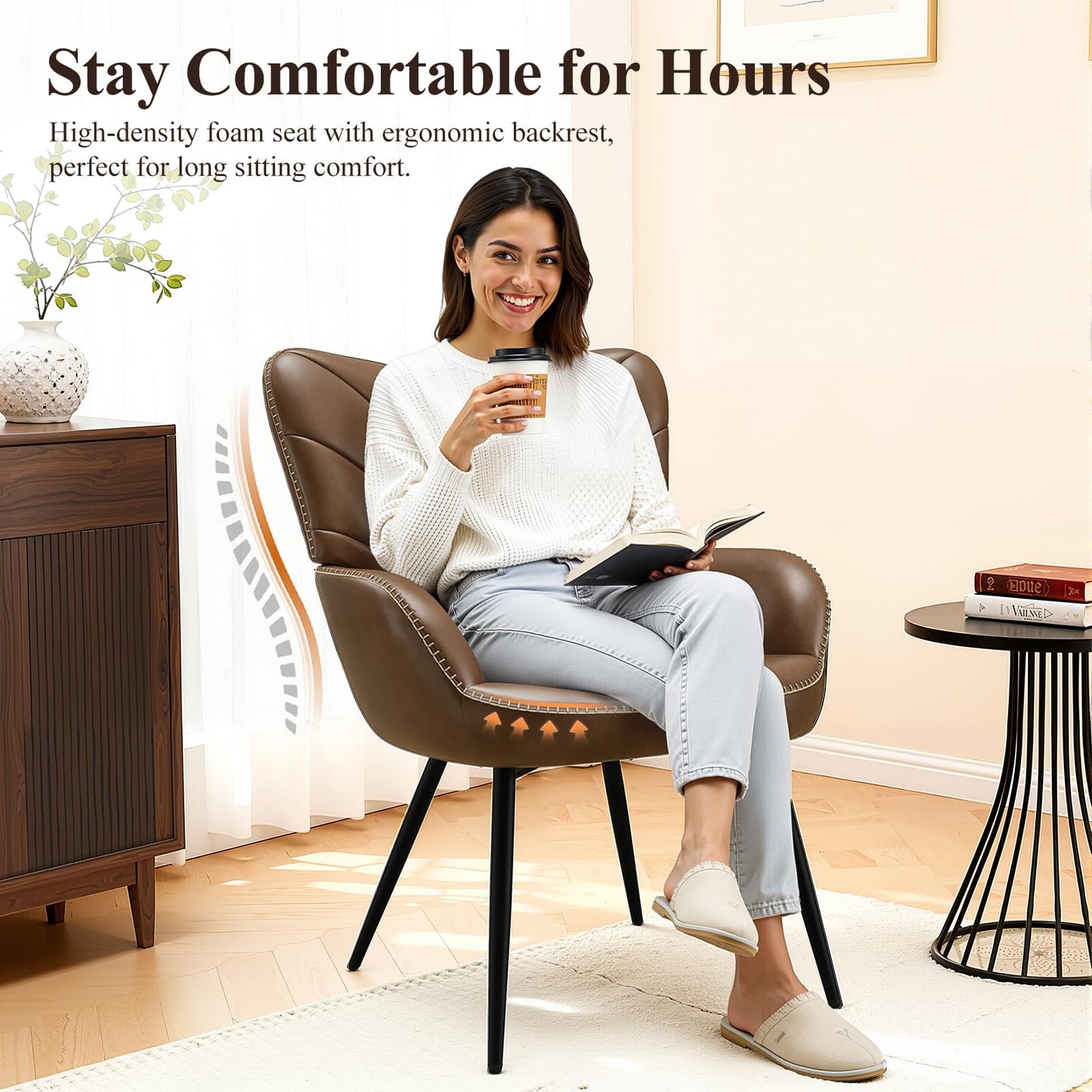 MALOL Mid-Century Modern Faux Leather Accent Chair for Living Room, Upholstered Armchair with Curved Ergonomic Back, High-Density Cushion & Metal Legs, Lounge Chair for Bedroom/Reading Corner