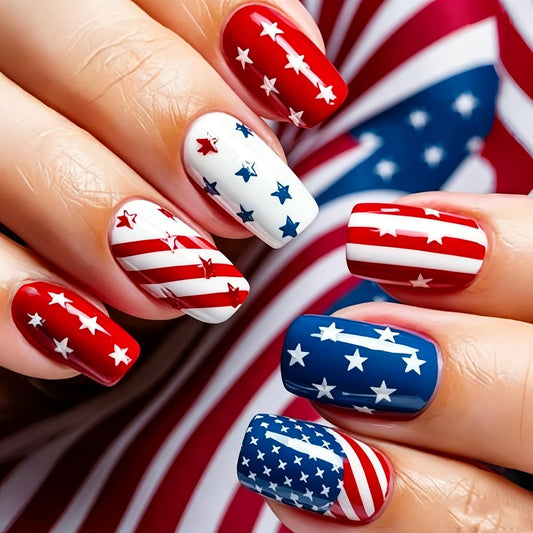 4th of July Press on Nails Red White Blue Fake Nails Medium Square False Nails Press ons with Star and Stripes Designs Patriotic Nail Acrylic Artificial Glue on Nails for Women Manicure 24Pcs