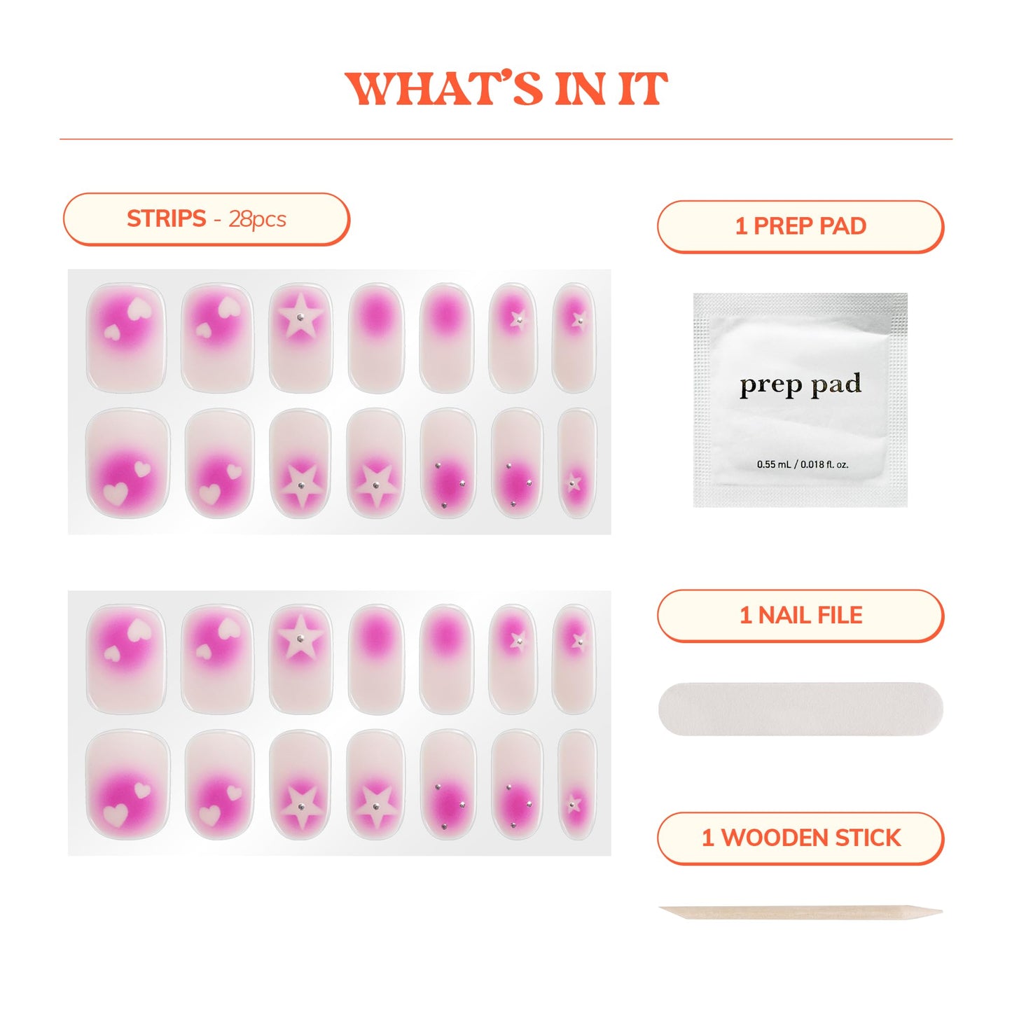 Heyhae Semi Cured Gel Nail Strips | No LED Lamp Needed | Pink, Valentines | Easy Apply & Remove, Salon Quality | Includes 28 Strips, 1 Prep Pads, Nail File & Wooden Stick - Hey, Born to Sparkle