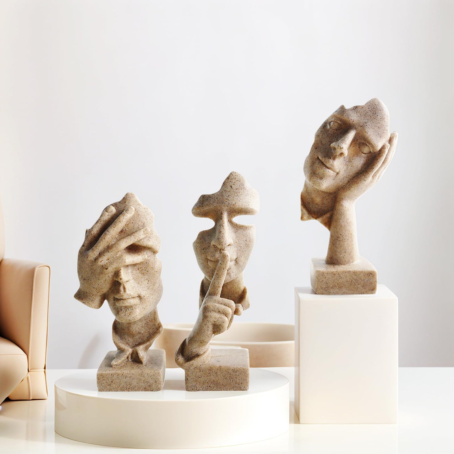 aboxoo Large Size 3 Pcs Thinker Statue, Silence is Gold, See No Evil Hear No Evil Speak No Evil Statues, Modern Resin Sculptures Decor for Living Room, Home, Office Study (Sandy)