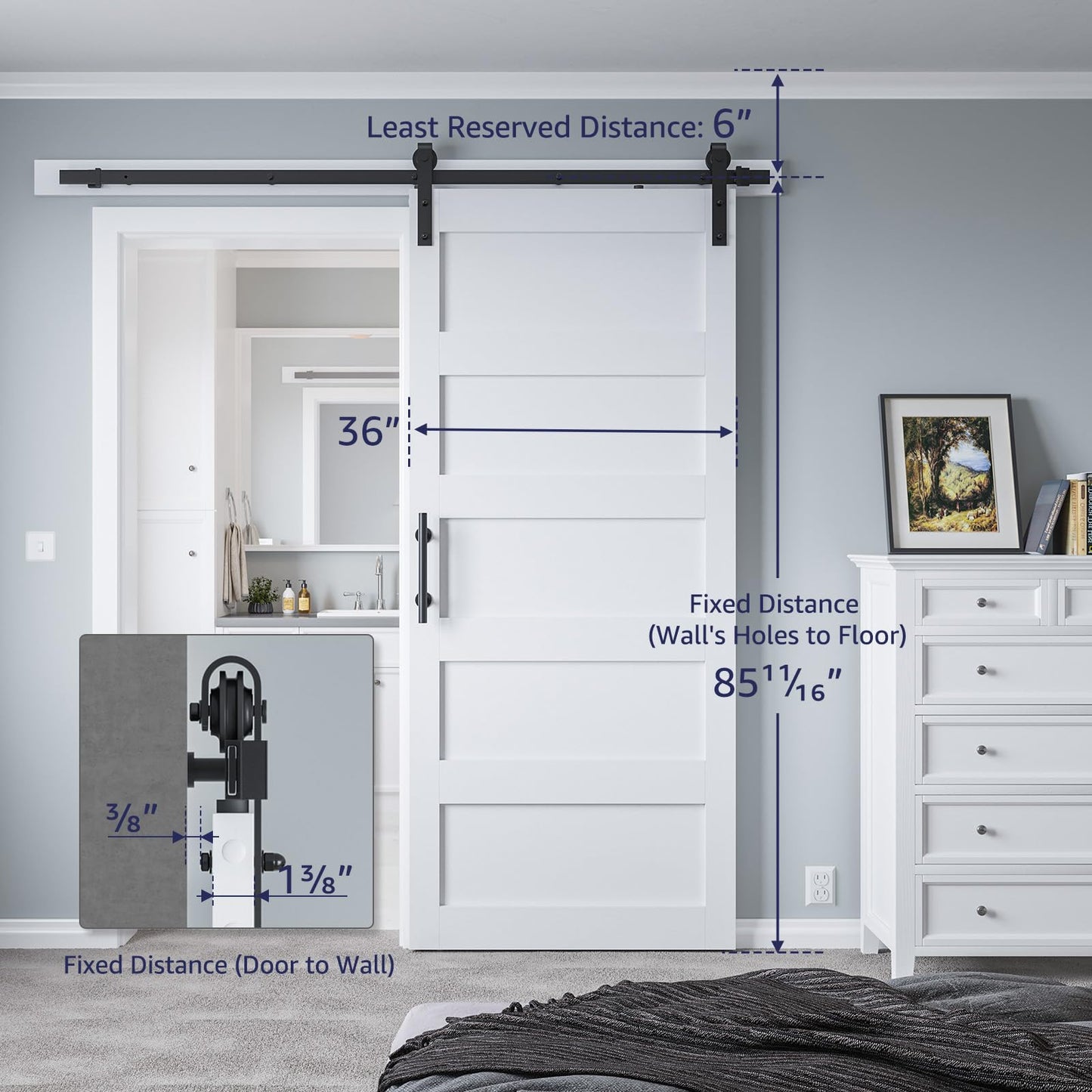 COSHOMER 36in x 84in Sliding Barn Door with 6.6ft Barn Door Hardware Kit & Handle, Pre-Drilled Holes Easy Assembly -Solid Barn Door Slab Covered with Water-Proof PVC Surface, White, 5 Panel