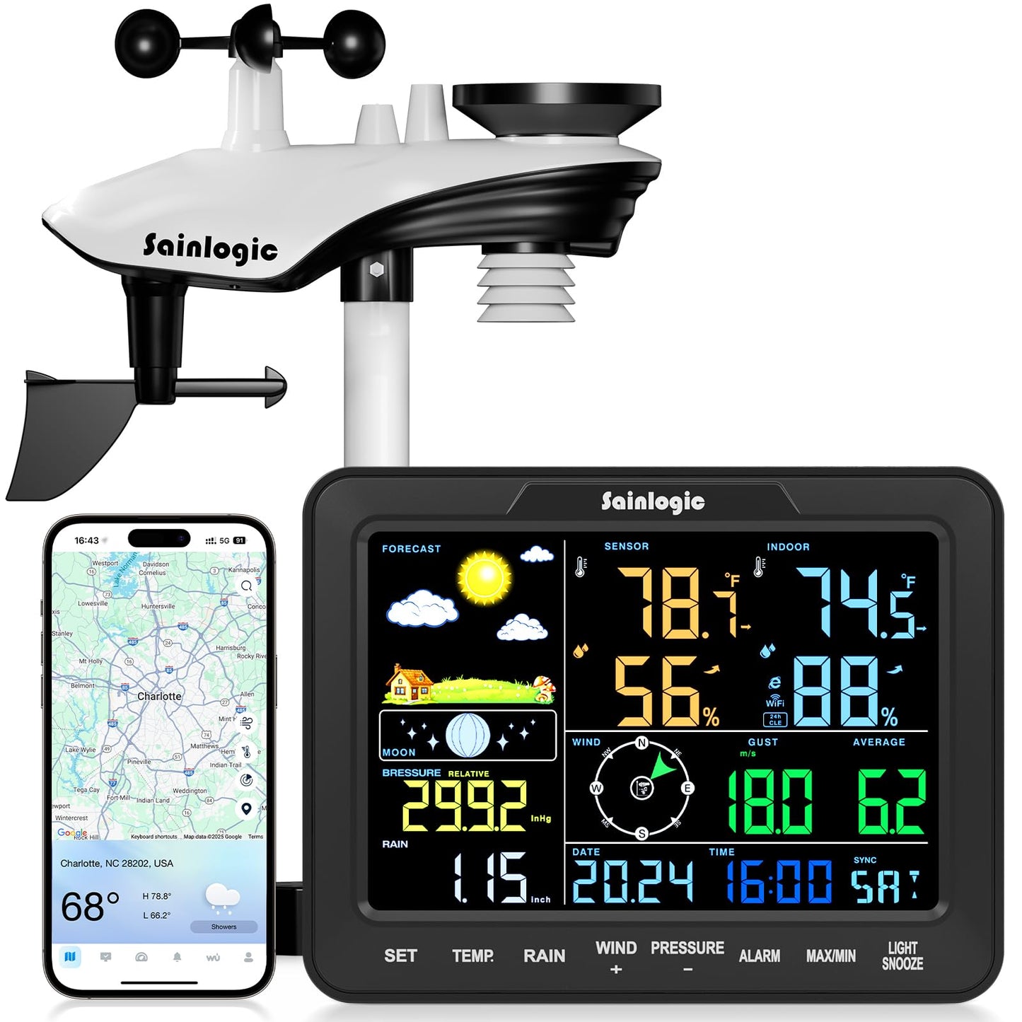 Sainlogic Smart WiFi Weather Stations Wireless Indoor Outdoor SA68 Plus,24/7 AI Weather Forecast by Weatherseed®,APP/Email Alert,Home Weather Station with Rain Gauge,2-Year Data Storage(Only 2.4G)