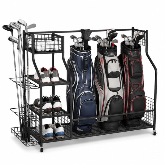 Zevemomo Metal Golf Bag Storage Organizer with Wheels for Garage, Golf Bag Storage Rack, Golf Bag Holder for Garage, Large Golf Equipment Storage Organizer for Golf Clubs, Hats, Gloves, Balls, Black