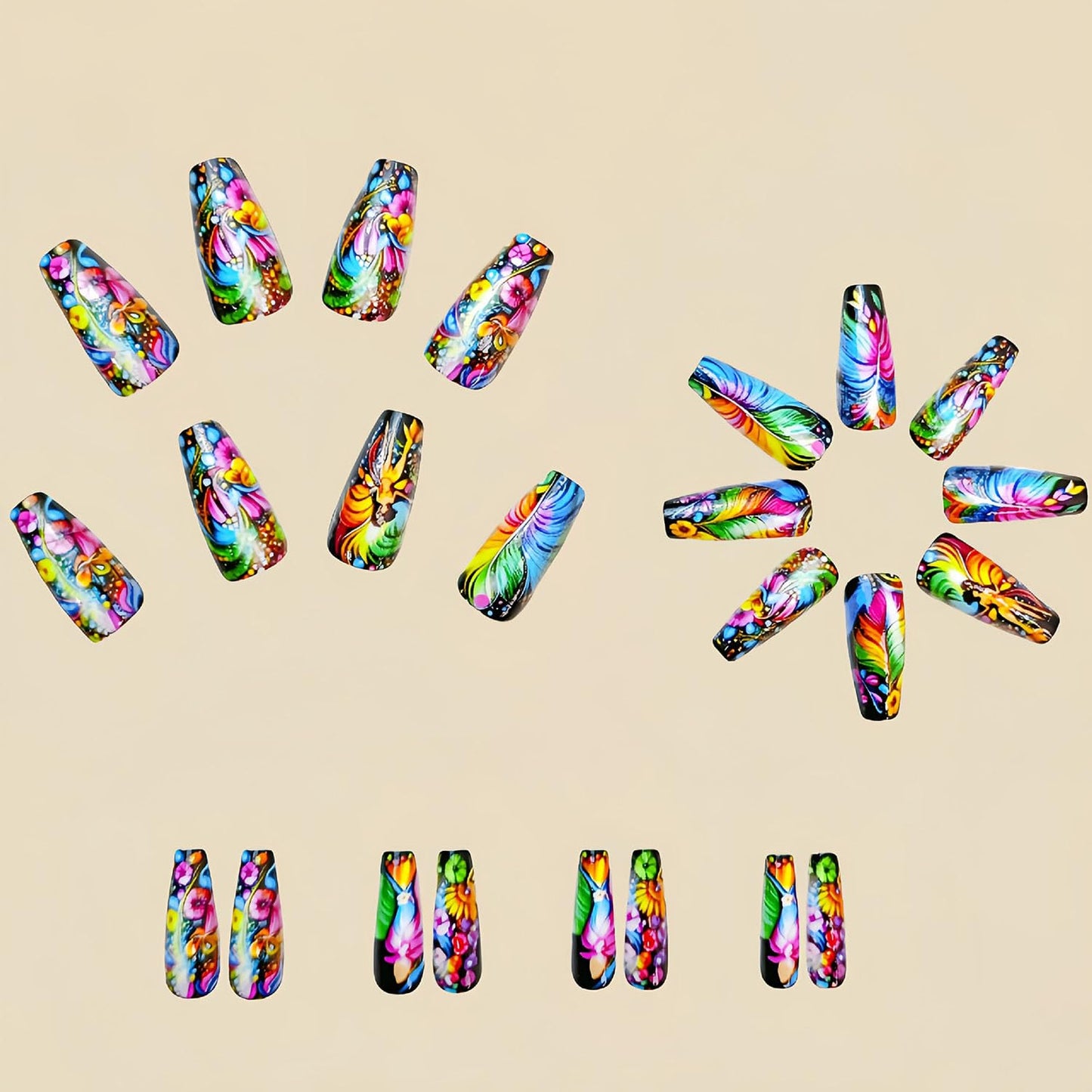 FIEONCIY Press on Nails Square Shaped Glossy Full Cover Acrylic Medium Length Square False Nails with Designs Artificial Short Coffin Fake Nails with Charms Glue ons Fingernails for Women Girls(Y443)