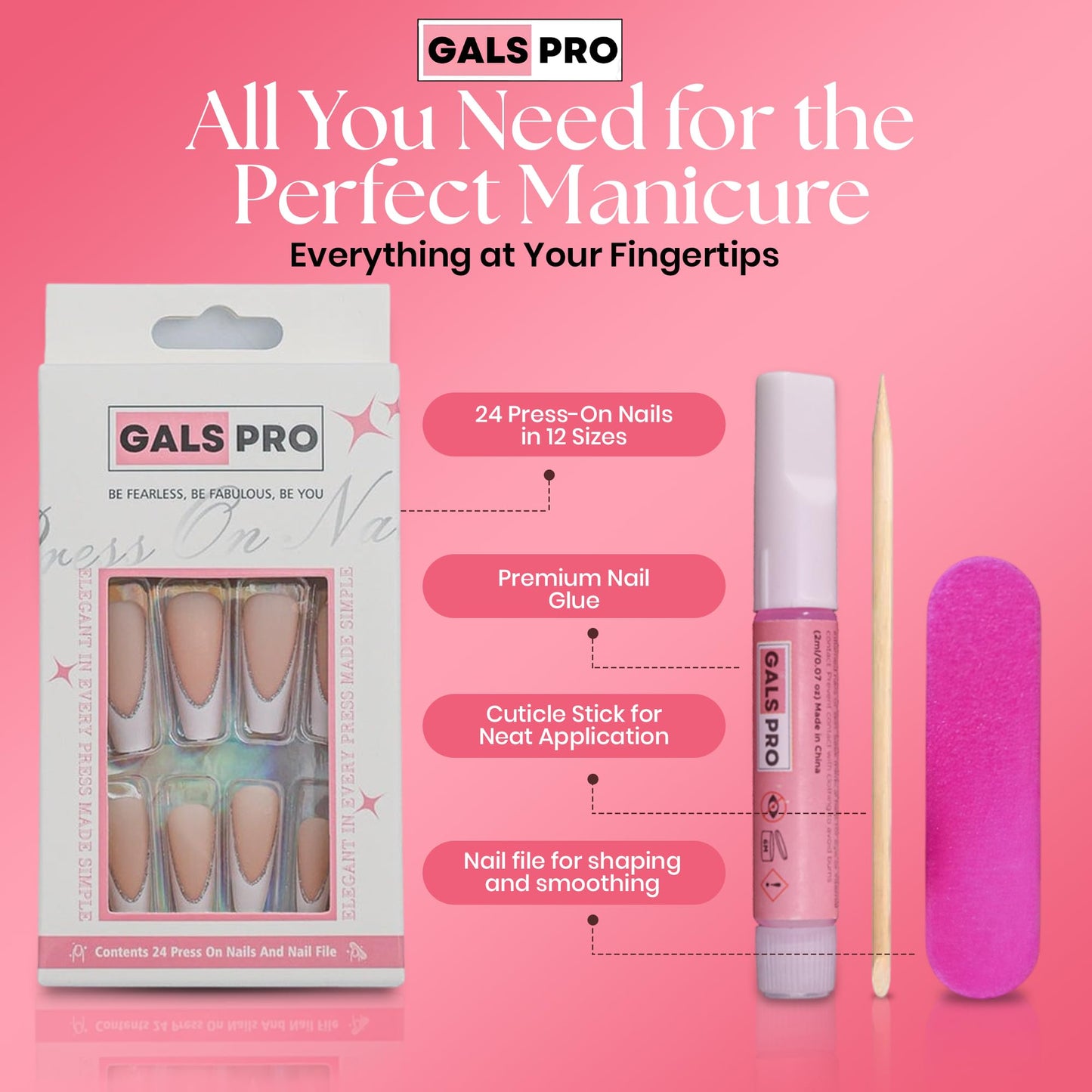GALSPRO Long Press on Nails - Set of 24 Fake Nails with Designs in 12 Different Sizes for Perfect Fit, Cute False Nails Kit for Women with 0.07oz Nail Glue, A Double Sided Nail File & Cuticle Stick