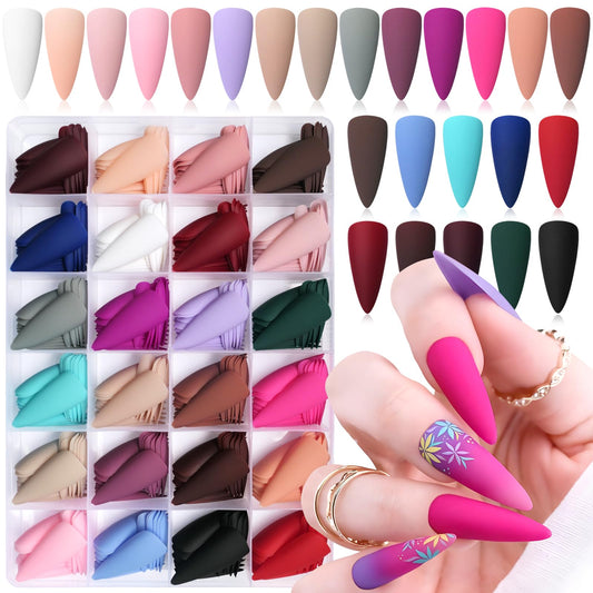 LoveOurHome 576pc Matte Stiletto Press on Nails Long Pointy Fake Nail Tips Full Cover Artificial Fingernails Colored False Nail Halloween Acrylic Nail Artificial Manicure 24 Colors for Women Girls