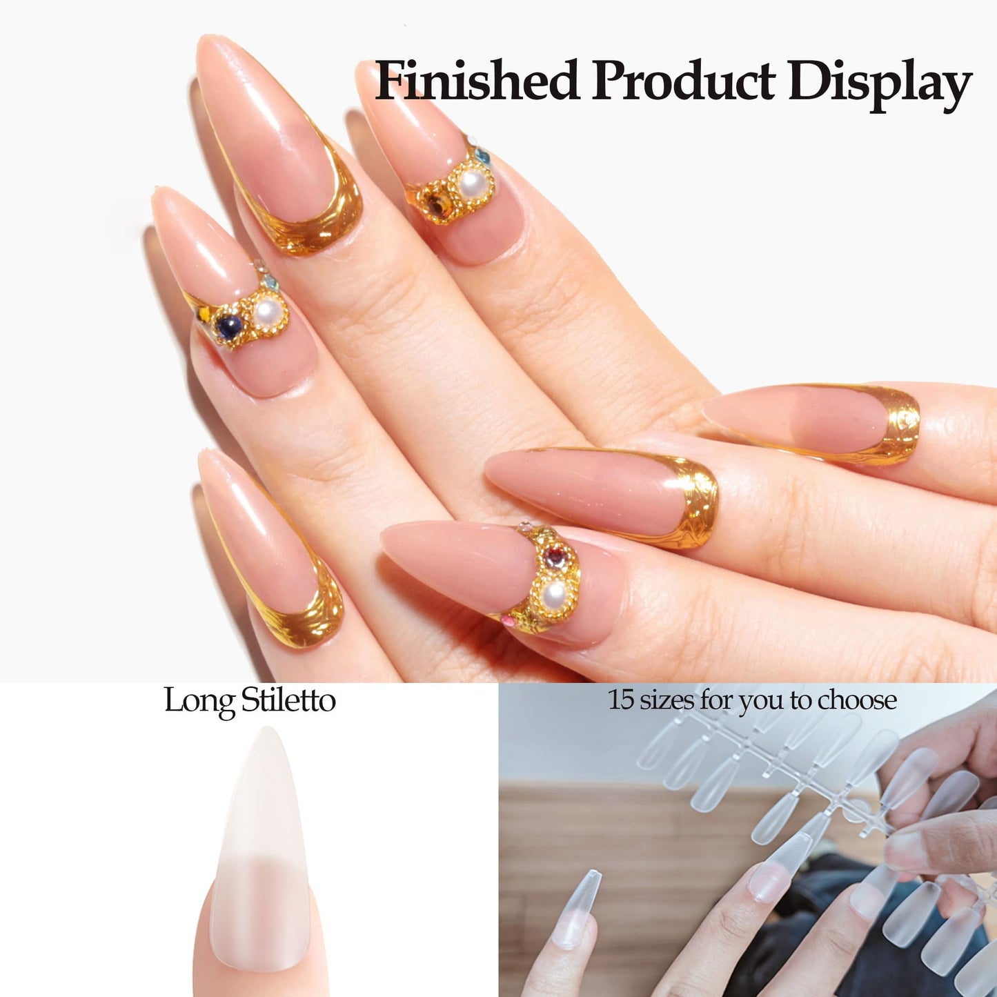 Sun&Beam Nails Fake Nails Tips Full Clear Acrylic Cover for Manicure Salons Nail Art 15 Sizes 240 Pcs (Long Stiletto)