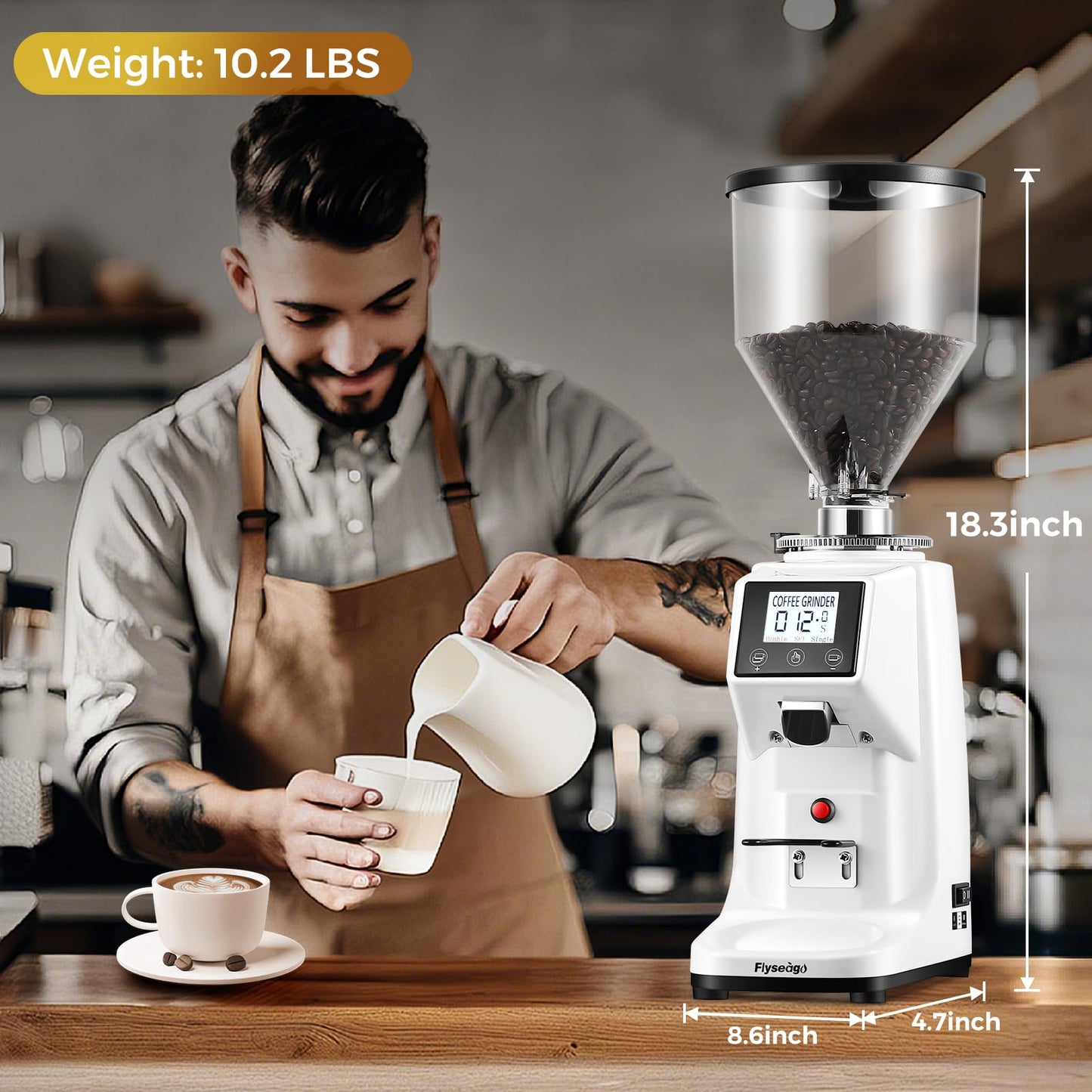 Flyseago Coffee Grinder with Flat Burr, 19 Grind Settings and Digital Timer Display, Commercial Coffee Grinder with Large 35oz Hopper
