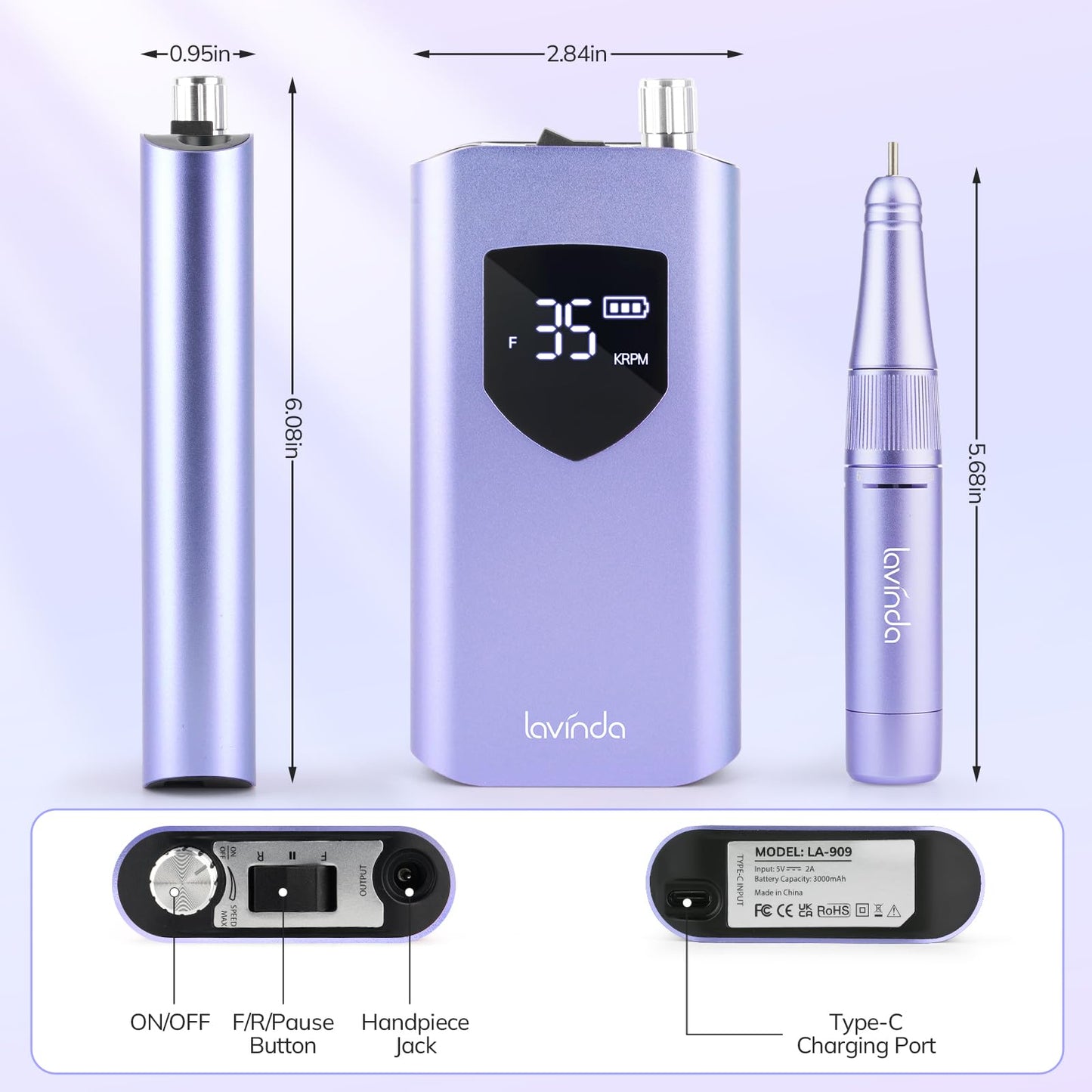 Lavinda Professional Nail Drill 35000 RPM, Cordless Electric Nail File Efile for Acrylic and Gel Nails, Manicure Pedicure Polishing Tool for Salon and Home Use (Purple)