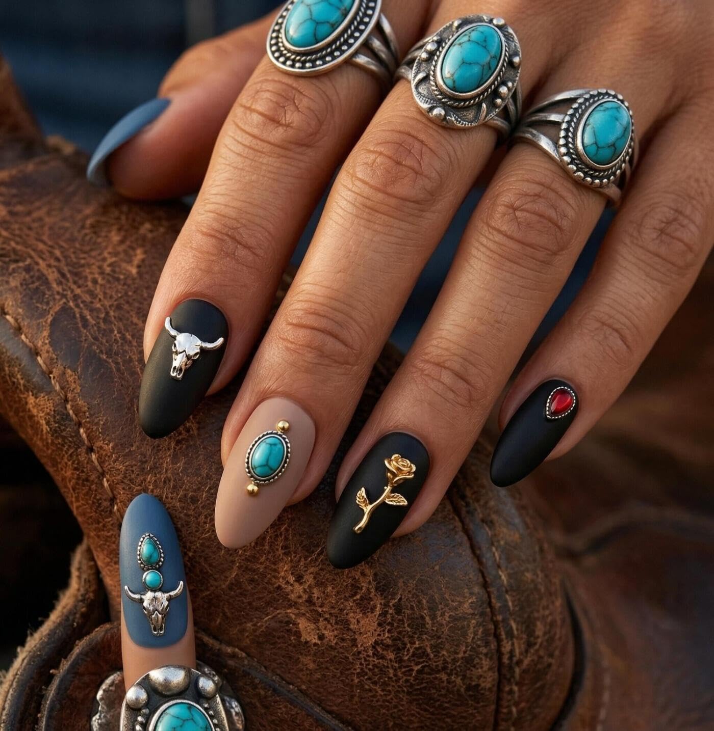 50 PCS Metal Turquoise Nail Charms - Western Cowboy Nail Art Decorations, 3D Nail Gems for DIY Manicure, Mixed Shapes Nail Accessories for Gel Acrylic Nails (C)