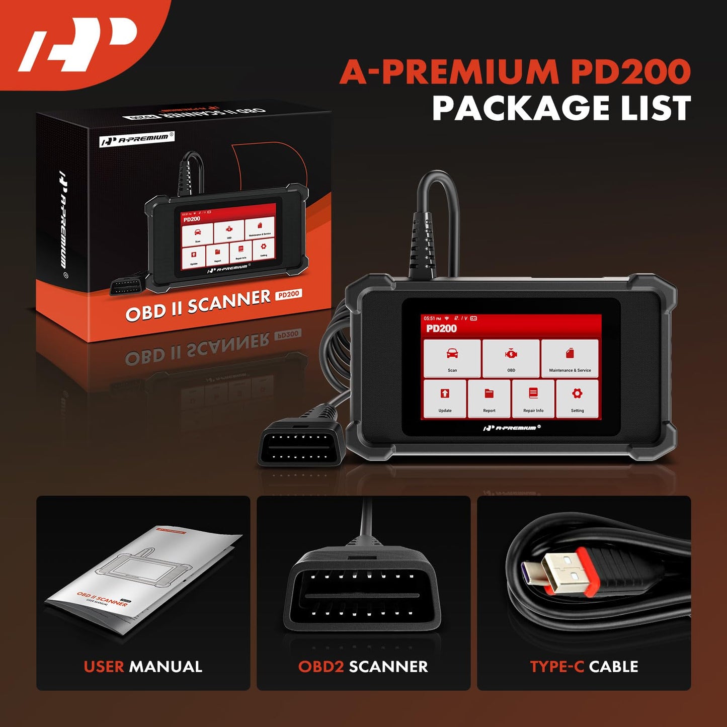 A-Premium 2025 PD200 Enhanced 4 System OBD2 Scanner Diagnostic Tool, All Function Check Engine Code Reader Scan Tool, for Engine/ABS/SRS/Transmission System, 8 Reset, Free Online Update