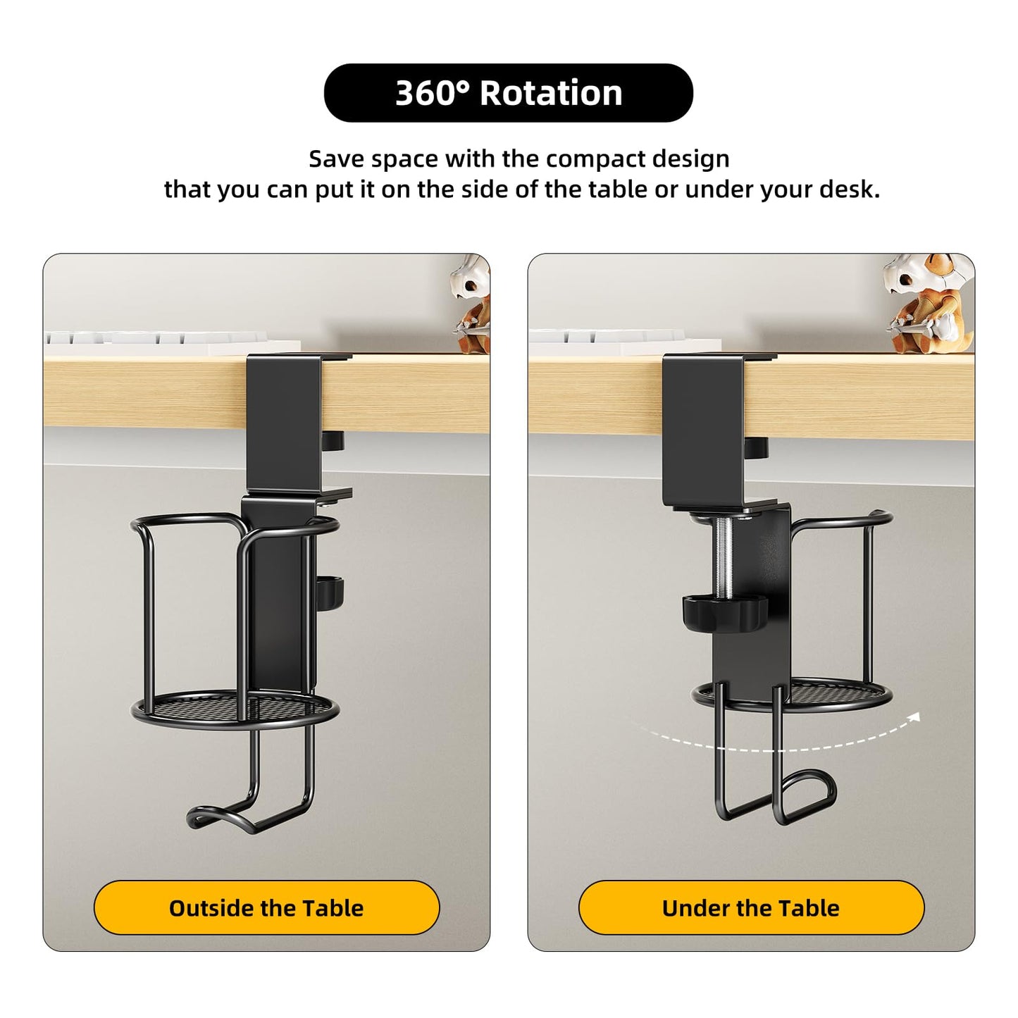 CABTE 2 in 1 Desk Cup Holder with Headphone Hanger Holder, Anti-Spill Clip-On Table Cup Hook with 360° Rotation for Lawn Chair, Office Home Gaming Table (1 Pack)