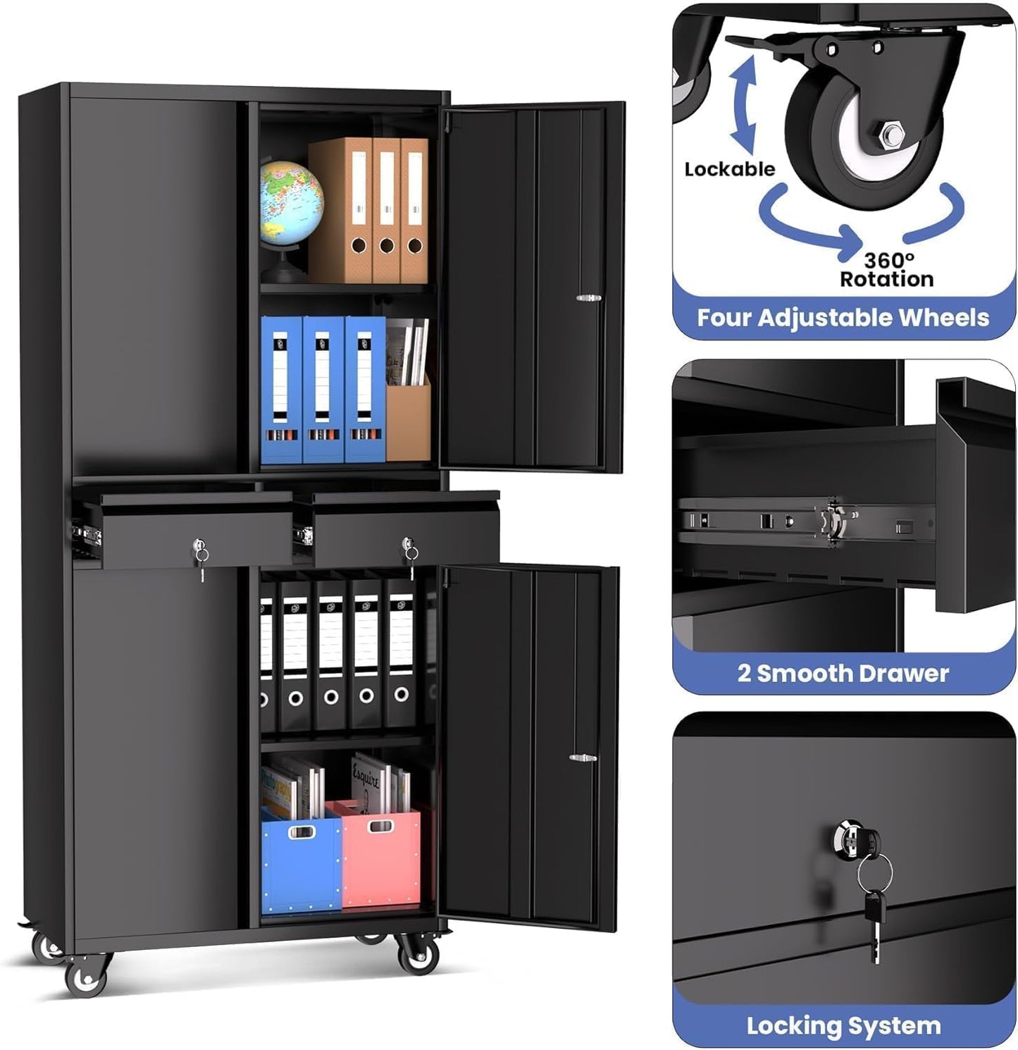GarveeHome 73'' Metal Storage Cabinet, Heavy Duty Garage Storage with Wheels, Locking Doors and 2 Drawers, Adjustable Shelves, Black