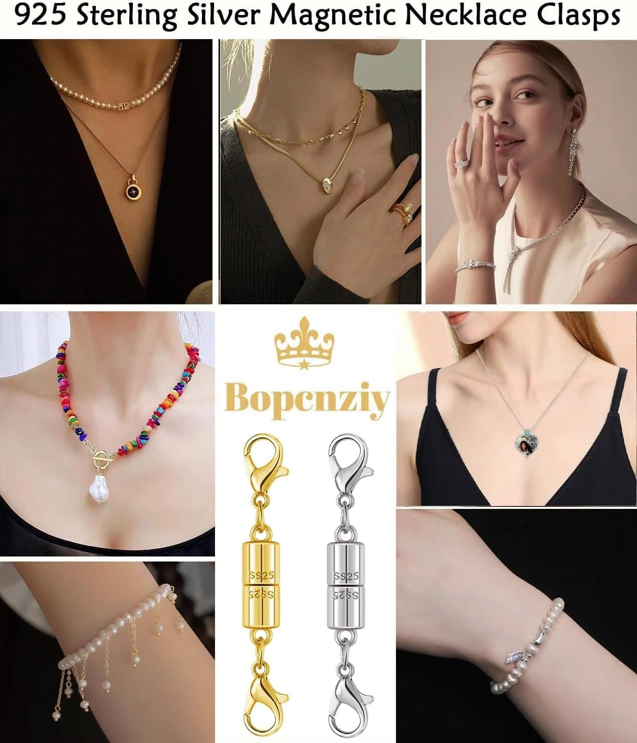 Magnetic Jewelry Clasps, 925 Sterling Silver, Strong Magnetic Closures for Necklaces and Bracelets (3pcs Silvery)