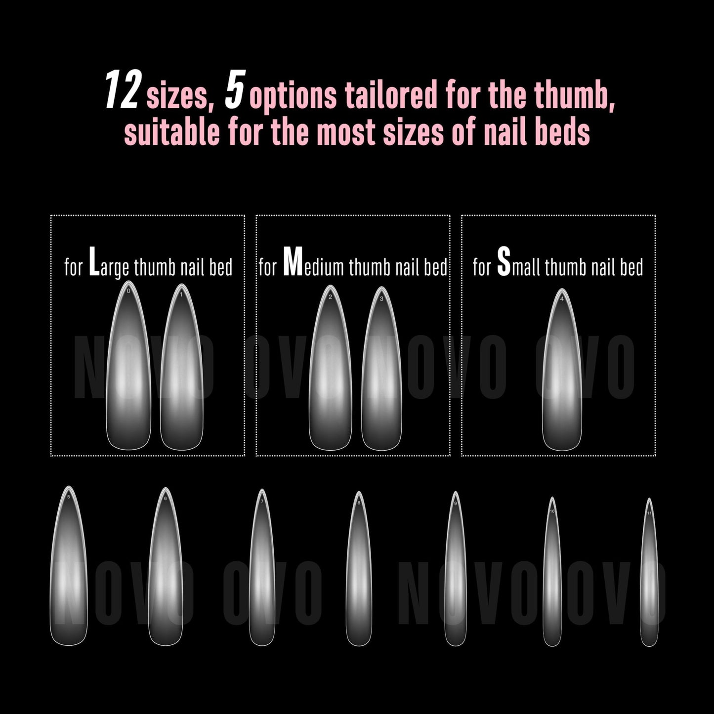 NOVO OVO Halloween XXL Curved Almond Stiletto Nail Tips Press on Full Cover, Soft Gel X Extra Thick Long Acrylic Hawk Curve Fake Nails Extension, Clear Pre-etched French False Nail 12 Sizes 240 Pcs