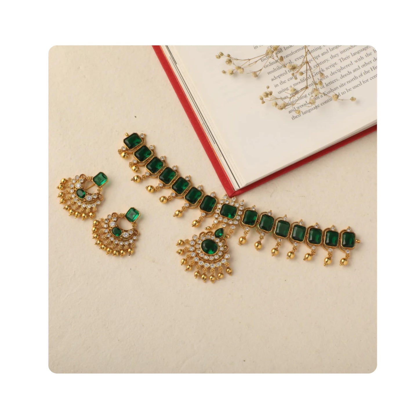 TARINIKA Green and White Cubic Zirconia(CZ) Indian Necklace Set with Earrings, Gold Plated Brass Fashion Indian Jewelry Gift for Women Bollywood Costume Jewellery (Emerald Shine CZ)